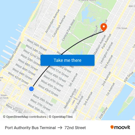 Port Authority Bus Terminal to 72nd Street map