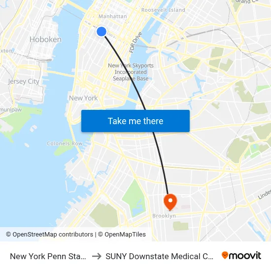 New York Penn Station to SUNY Downstate Medical Center map