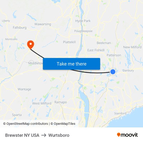 Brewster NY USA to Wurtsboro map