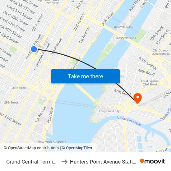 Grand Central Terminal to Hunters Point Avenue Station map