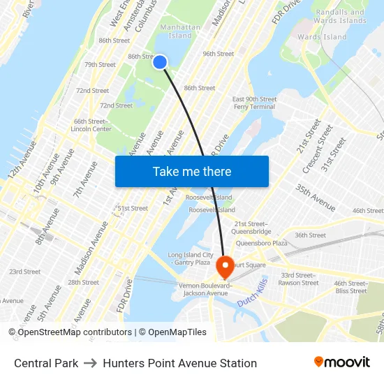 Central Park to Hunters Point Avenue Station map