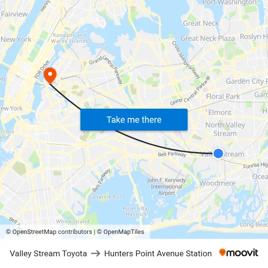 Valley Stream Toyota to Hunters Point Avenue Station map