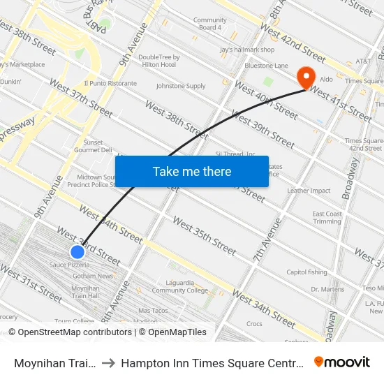 Moynihan Train Hall to Hampton Inn Times Square Central New York map