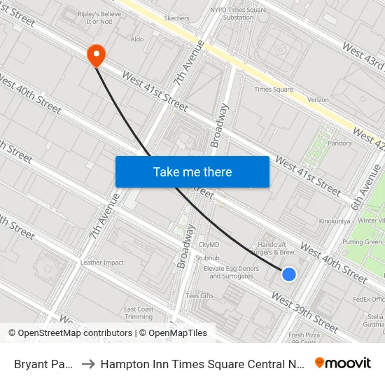 Bryant Park 7 to Hampton Inn Times Square Central New York map