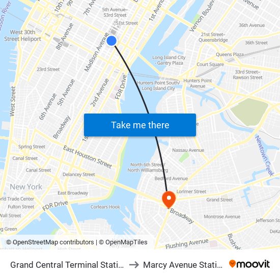 Grand Central Terminal Station to Marcy Avenue Station map