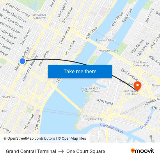 Grand Central Terminal to One Court Square map