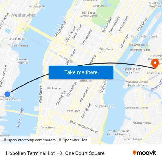 Hoboken Terminal Lot to One Court Square map