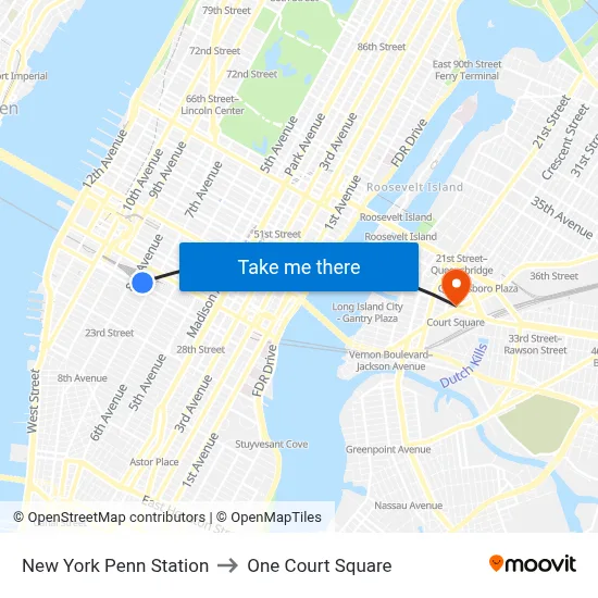 New York Penn Station to One Court Square map