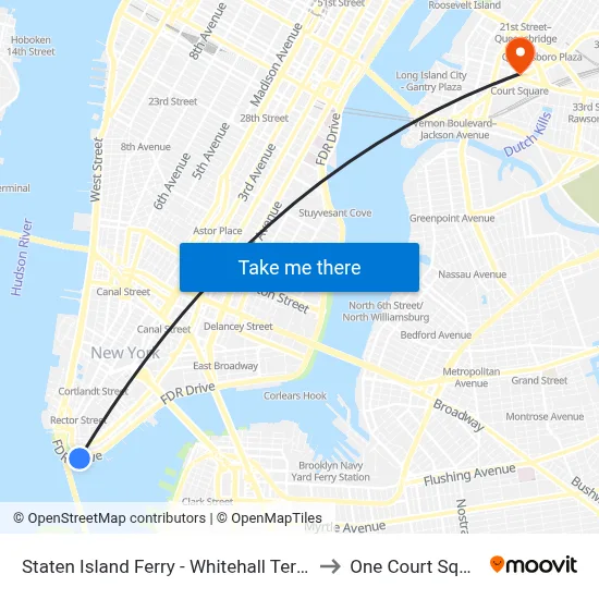 Staten Island Ferry - Whitehall Terminal to One Court Square map