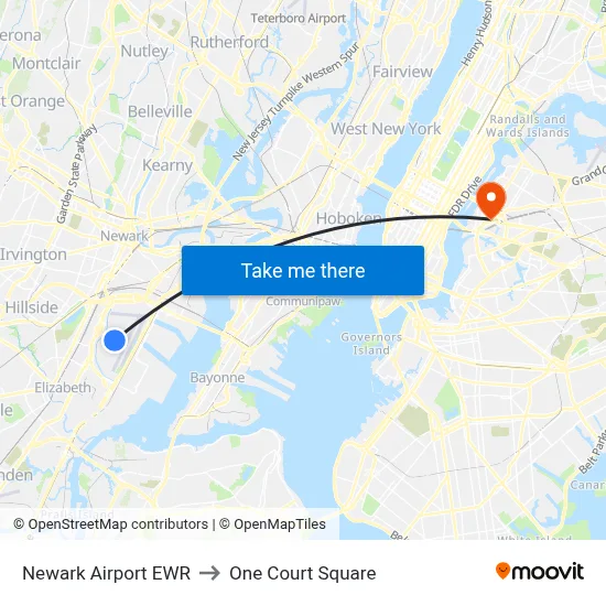 Newark Airport EWR to One Court Square map
