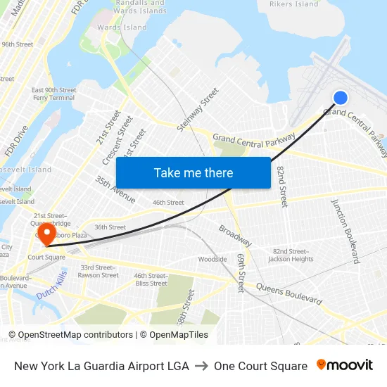 New York La Guardia Airport LGA to One Court Square map