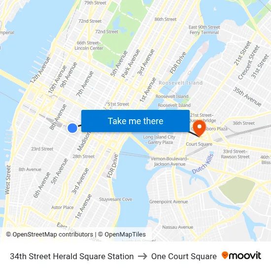 34th Street Herald Square Station to One Court Square map