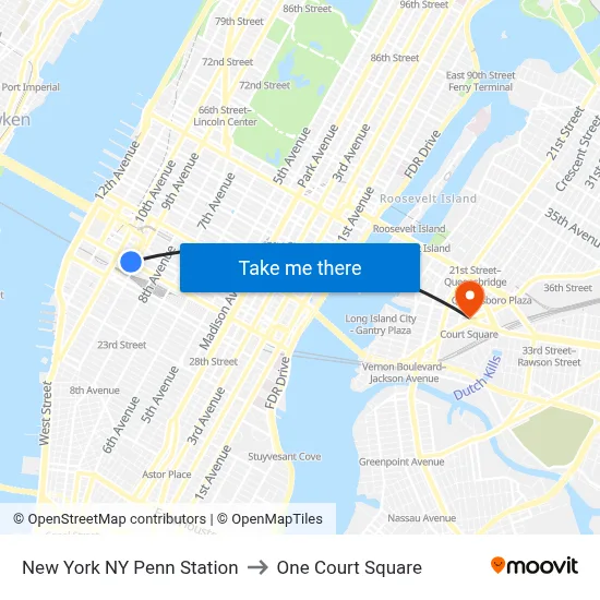 New York NY Penn Station to One Court Square map