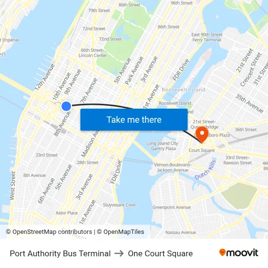 Port Authority Bus Terminal to One Court Square map