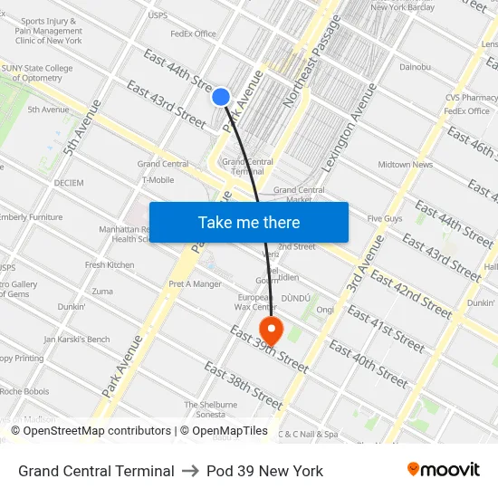 Grand Central Terminal to Pod 39 New York map