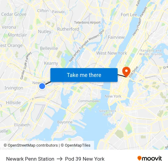 Newark Penn Station to Pod 39 New York map