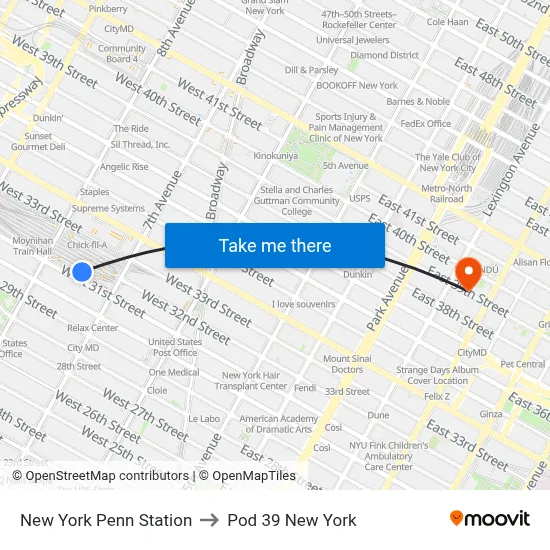 New York Penn Station to Pod 39 New York map