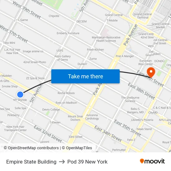 Empire State Building to Pod 39 New York map