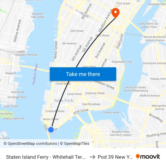 Staten Island Ferry - Whitehall Terminal to Pod 39 New York map