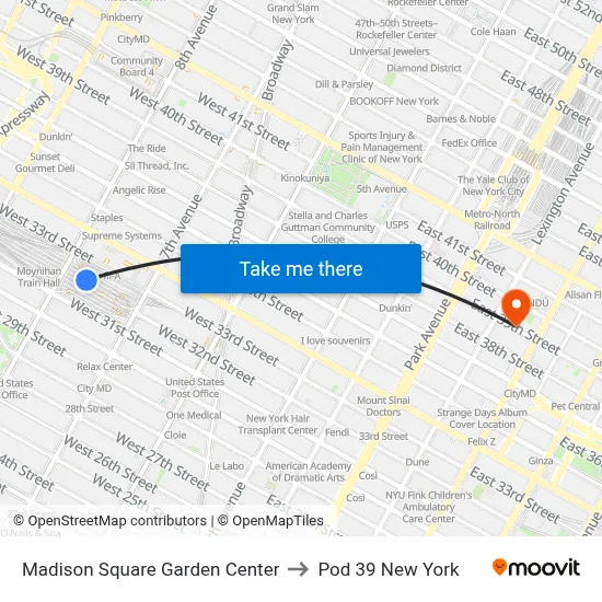 Madison Square Garden Center to Pod 39 New York map