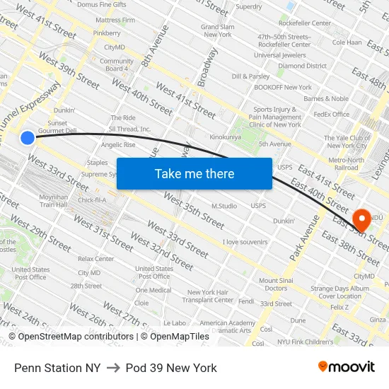 Penn Station NY to Pod 39 New York map