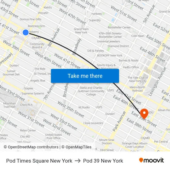 Pod Times Square New York to Pod 39 New York map