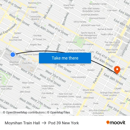 Moynihan Train Hall to Pod 39 New York map