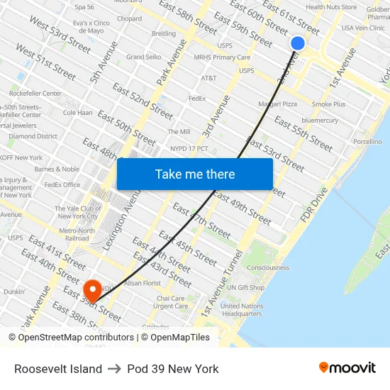 Roosevelt Island to Pod 39 New York map