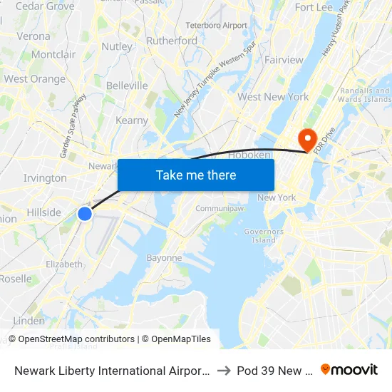 Newark Liberty International Airport Station to Pod 39 New York map