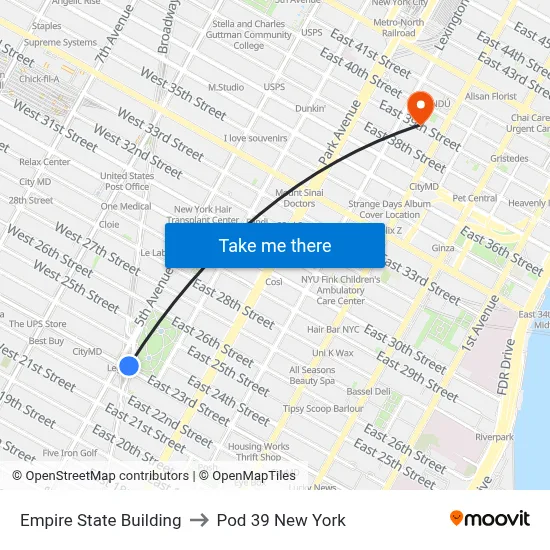 Empire State Building to Pod 39 New York map