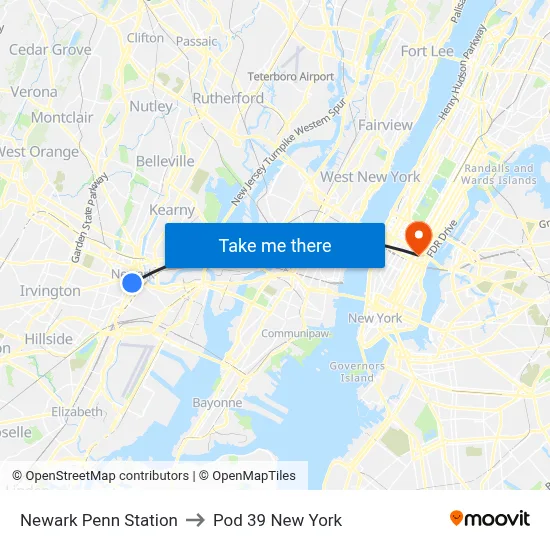Newark Penn Station to Pod 39 New York map