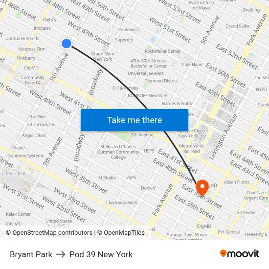Bryant Park to Pod 39 New York map