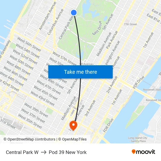 Central Park W to Pod 39 New York map