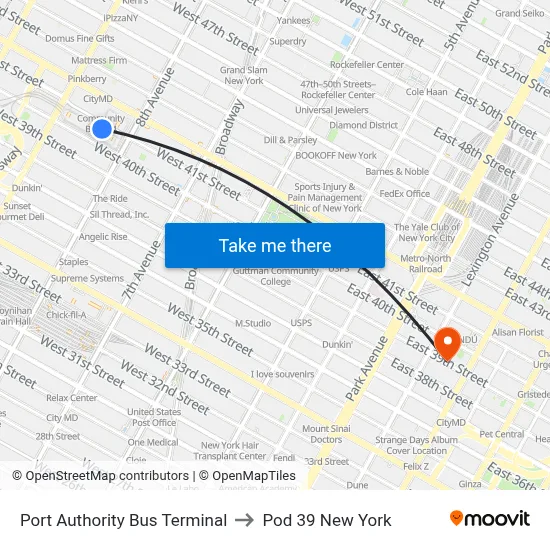 Port Authority Bus Terminal to Pod 39 New York map