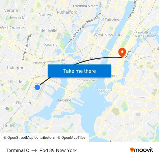 Terminal C to Pod 39 New York map