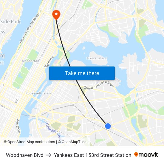 Woodhaven Blvd to Yankees East 153rd Street Station map