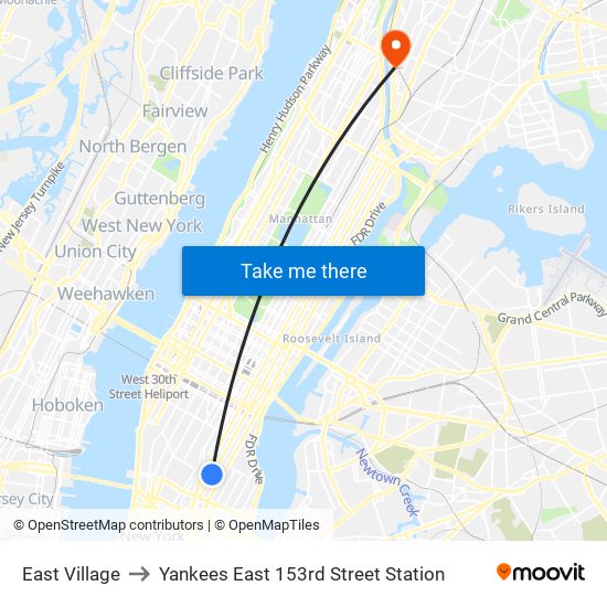 East Village to Yankees East 153rd Street Station map