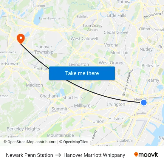Newark Penn Station to Hanover Marriott Whippany map