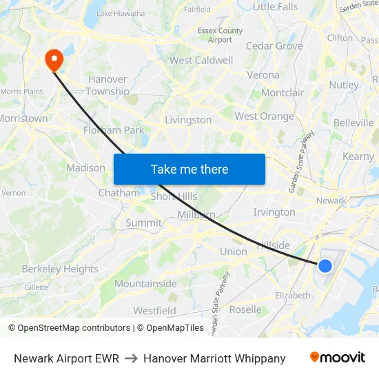 Newark Airport EWR to Hanover Marriott Whippany map