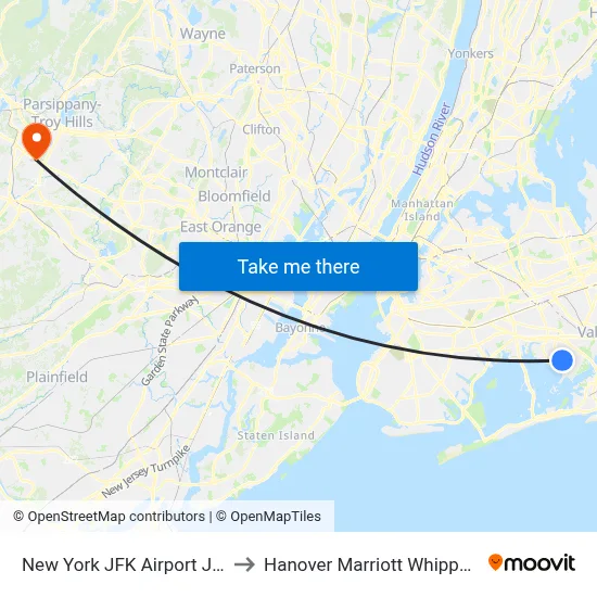 New York JFK Airport JFK to Hanover Marriott Whippany map