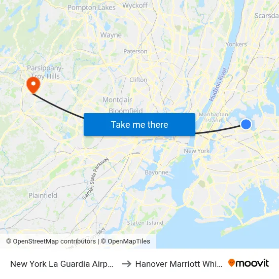 New York La Guardia Airport LGA to Hanover Marriott Whippany map