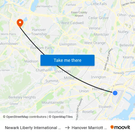 Newark Liberty International Airport Station to Hanover Marriott Whippany map