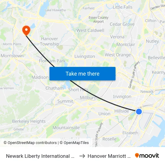 Newark Liberty International Airport Station to Hanover Marriott Whippany map