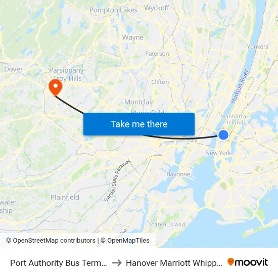 Port Authority Bus Terminal to Hanover Marriott Whippany map