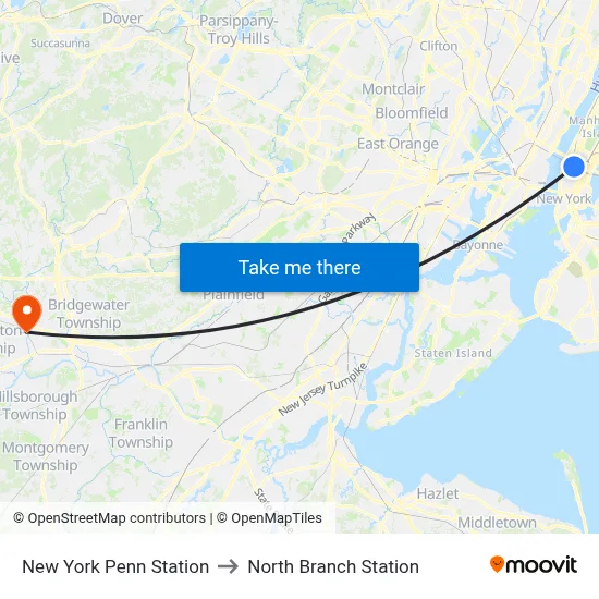 New York Penn Station to North Branch Station map
