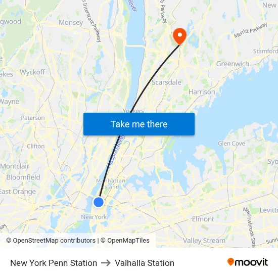 New York Penn Station to Valhalla Station map