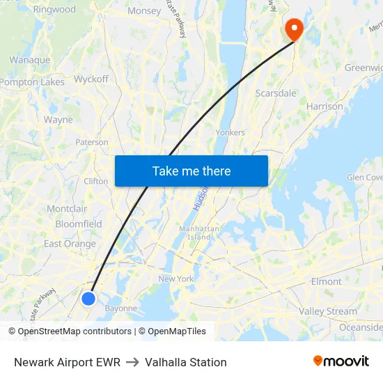 Newark Airport EWR to Valhalla Station map