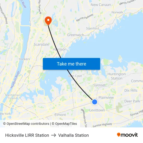 Hicksville LIRR Station to Valhalla Station map