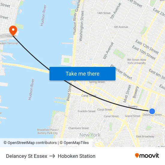 Delancey St Essex to Hoboken Station map