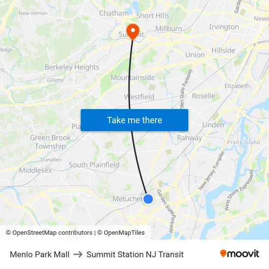 Menlo Park Mall to Summit Station NJ Transit map